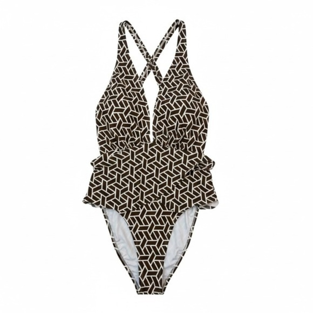 Cupshe NWT Brown White Geometric Plunge Wrap One Piece Swimsuit Crisscross XL